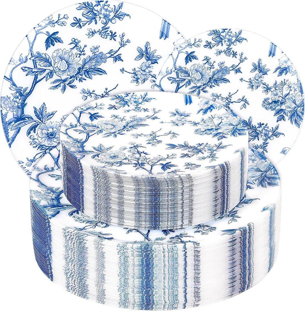 EI 60pcs Blue Plastic Plates Disposable Heavy Duty,Blue and White Floral Disposable Plates,10.25" Dinner & 7.5" Dessert Plate,Natural Fresh and Elegant Decorations for Birthdays/Tea Party/Wedding