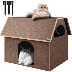  Outdoor Cat House, Extra Large Weatherproof Cat Houses for Outdoor/ Indoor Cats, Warm Feral Cat Shelter with Removable Soft Mat, 3 Windproof Ropes, Big Cat Bed, 20.5" x 17.5" x 16.6" (Brown)
