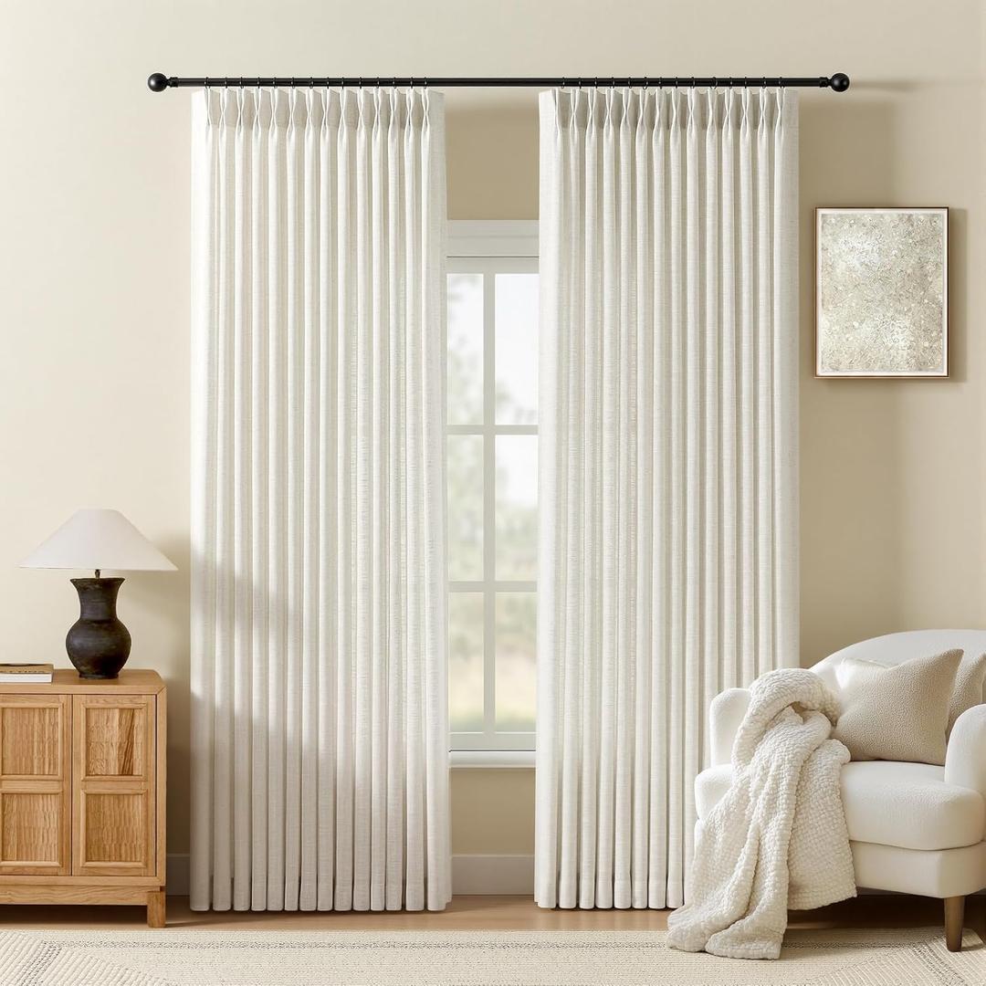 Pinch Pleated Linen Curtains 90 Inch Length for Living Room & Bedroom, Natural Light Filtering Pleat Drapes, Memory Trained Semi-Sheer Window Curtain with Hooks for Farmhouse, 2 Panels 40"Wx90"L