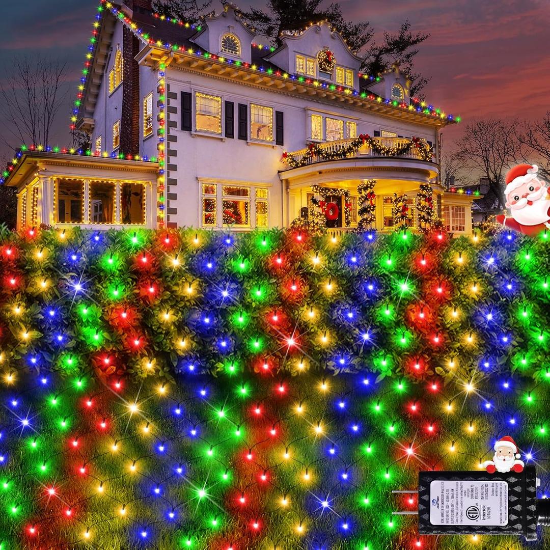 Hezbjiti Christmas Net Lights, 280 LED Mesh - 9.8FT x 6.6FT, 8 Modes, Waterproof Outdoor Xmas Decoration - Green Wire for Trees, Bushes, Lawn, Yard, Garden Party (Multicolor)