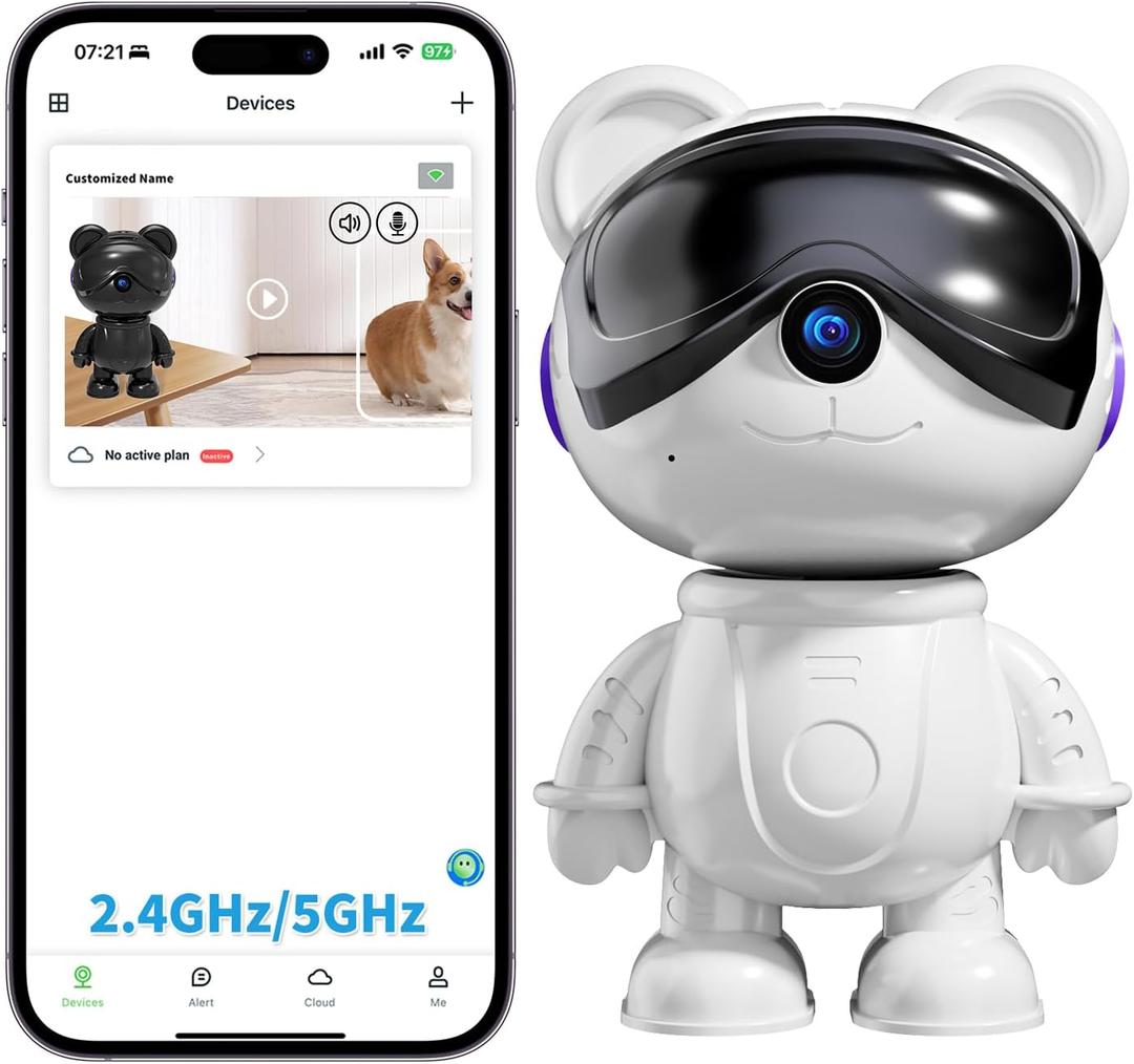 Dzcctvipc-Cute Bear-2K Wireless-Smart Robot-Home Security - Camera,Nanny & Pet Motion Monitor,Baby Cry Detection Alarm,Privacy Mode,5G Dual-Band,PanTilt,Full HD Night Vision,24/7 Recording,2-Way Audio (white)