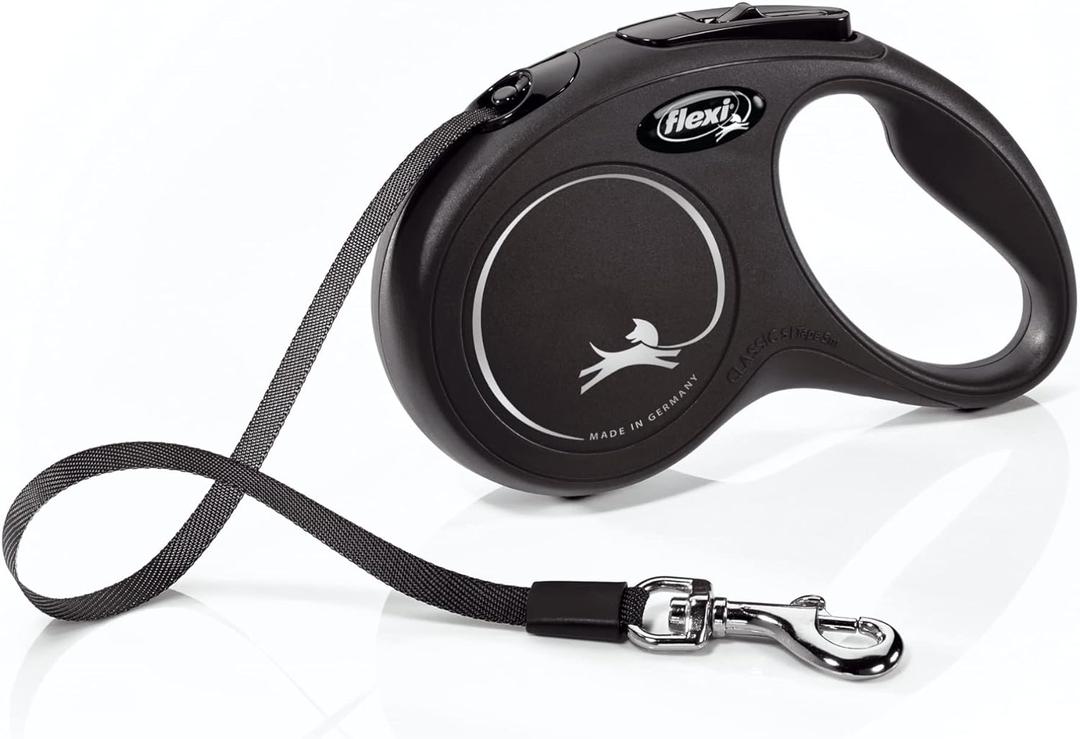 FLEXI New Classic Tape Retractable Dog Leash for Small Dogs up to 33 lbs.  16 ft., Black| Tangle Free Pet Walking Leash with One-Handed Brake, Pause, Lock|German Quality Product