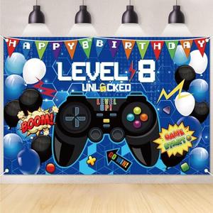 6x4 Ft 8th Video Game Backdrop, 8th Birthday Decorations for Boy Level Up Video Game Blue Gaming Background Photo Props Party Supplies for Boys (8th)