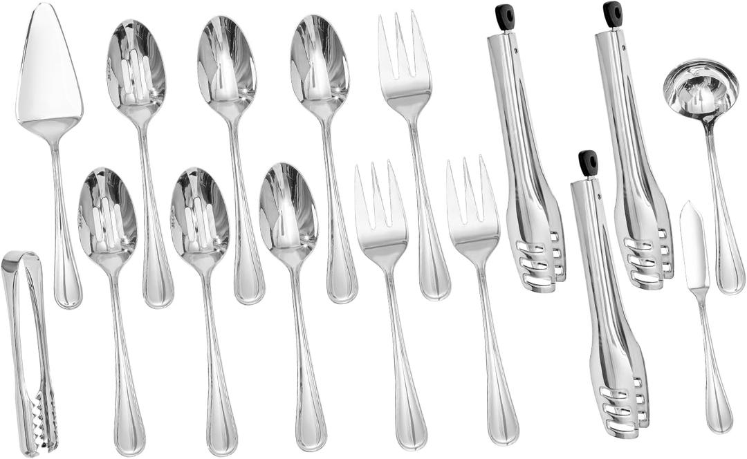 KINGSTONE 16 Piece Teardrop Serving Utensils Set, 18/10 Stainless Steel Serving Utensils, Slotted Spoons, Forks, Tongs, Cake Server, Butter Knife for Buffet, Catering, Wedding, Party (Silver)
