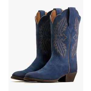 Women Vintage Embroidered Cowboy Boots Mid Calf Pointed Toe Knee High Western Boots Chunky Stacked Heel Pull On Mid Calf Cowgirl Boots V Cut Retro Casual Street Party, Size 9