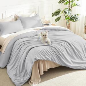 Litanika Light Grey Comforter Queen Size, 3 Pieces Lightweight Solid Bedding Comforter Set, All Season Fluffy Bed Set (90x90In Comforter & 2 Pillowcases)
