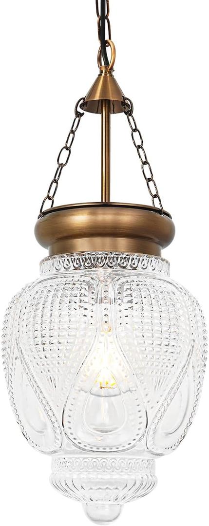 Vintage Brushed Gold Pendant Light with 7.9in Clear Heavy Thick Glass, Farmhouse Bronze Pendant Lights Kitchen Island, Vintage Looking Hall Pendant Light Fixture for Hallway, Bathroom, Bedroom