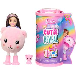 Barbie Chelsea Cutie Reveal Small Doll & Accessories, Brunette with Teddy Bear Costume, 6 Surprises (Styles May Vary) (Pink)