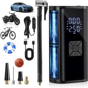 Tire Inflator Portable Air Compressor with LED Light, POLEDY Electric Bicycle Pump, Cordless Inflator Portable with Digital Gauge, Auto Shut Off, Battery Air Compressor for Car Bike Motorcycle Ball
