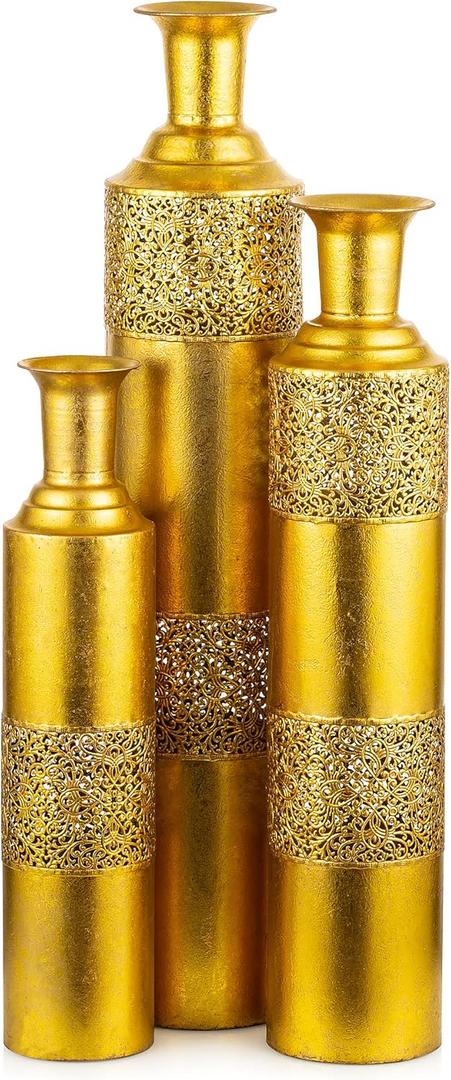 Sziqiqi Metal Floor Vase Gold Large Vases - 32/27/22in Decorative Tall Vase Set of 3 for Home Decor Vintage Big Flower Vases Stand for Twigs Branches Dried Flowers Antique Shabby Vase for Living Room