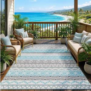 Outdoor Rug 6 x9 ft, Plastic Rug for Patio, Blue & Grey | Waterproof, Reversible, Large Outdoor Carpet for RV, Patio, Camping, Backyard, Deck, Picnic, Beach