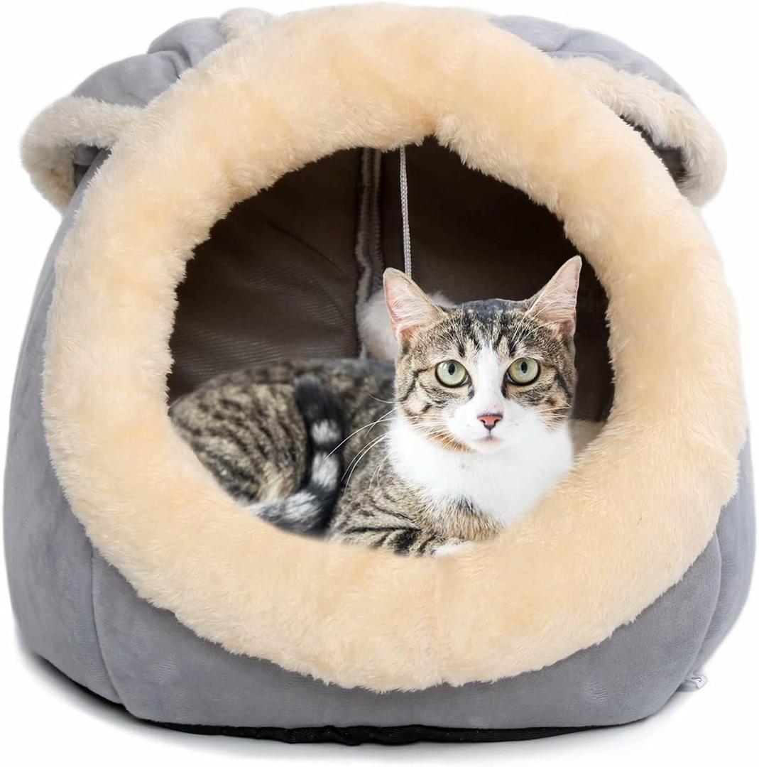 Cat Beds for Indoor Cats - Small Dog Bed with Anti-Slip Bottom, Rabbit-Shaped Cat/Small Dog Cave with Hanging Toy, Puppy Bed with Removable Cotton Pad, Super Soft Calming Pet Sofa Bed (Grey S)