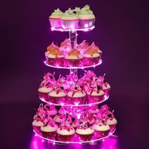 YestBuy 4 Tier Round Cupcake Stand  Premium Cupcake Holder  Acrylic Cupcake Tower Display  Acrylic Display for Pastry + LED Light String  Ideal for Weddings, Birthday Parties & Events (Pink)