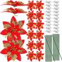 Operitacx 20pcs Poinsettia Flowers Artificial, 5.5in Artificial Christmas Flowers Poinsettia Christmas Decorations with Clips Faux Flower-Picks for Xmas Tree Decor, Xmas Wreath & Holiday Home Party (Red Gold)