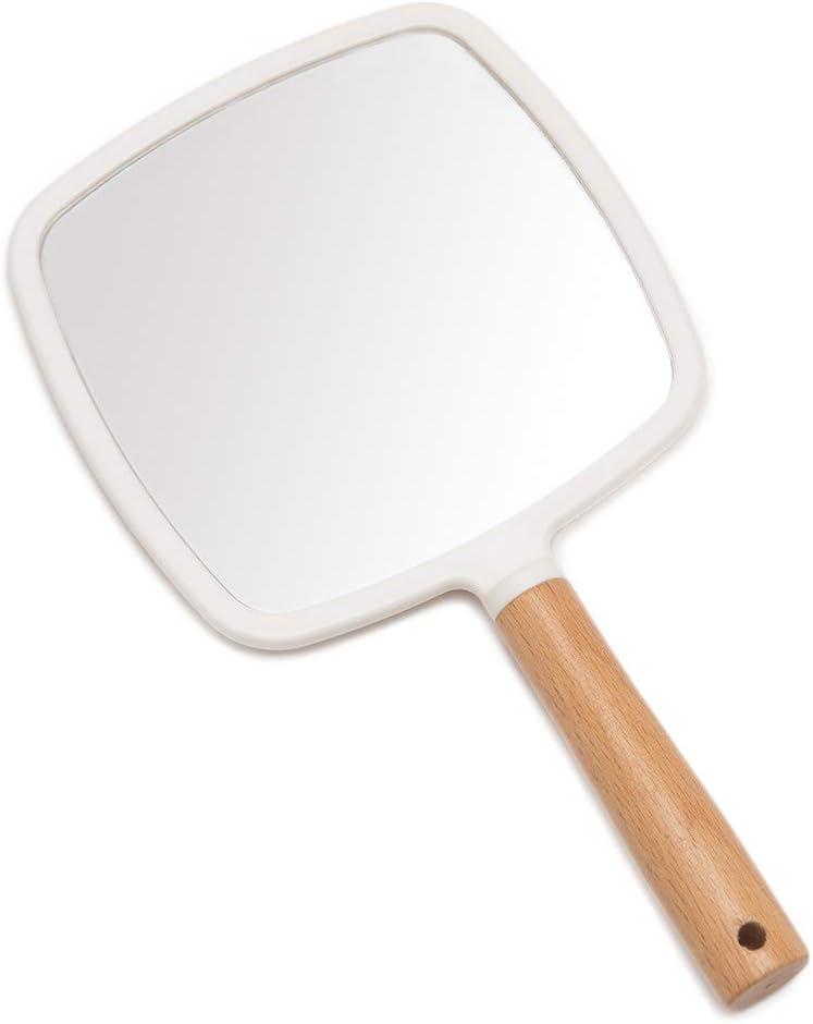 YEAKE Hand Held Mirror with Handle for Makeup,Small Cute Wood Hand Mirror for Shaving with Hole Hanging Single-Sided Portable Travel Vanity Mirror for Men&Women(Square) (9.8"L x 5.5"W)