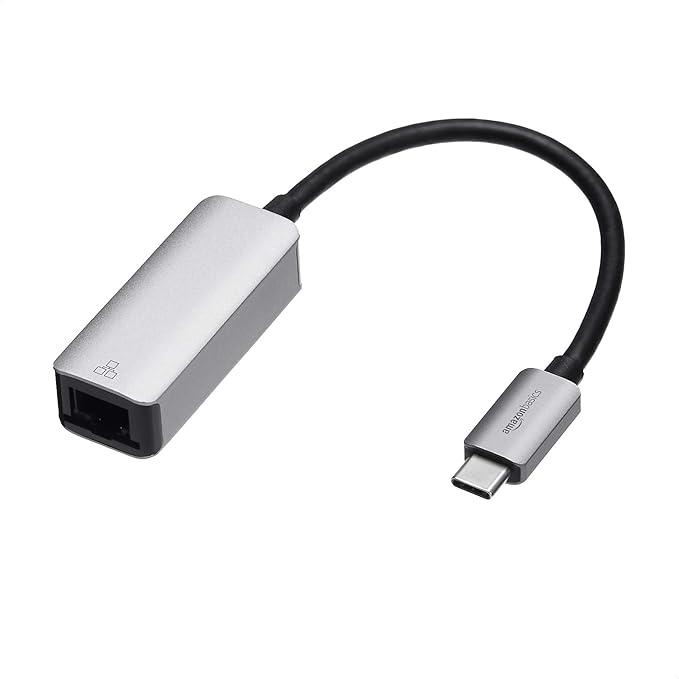Basics Aluminum USBC to RJ45 Gigabit Ethernet Adapter, Portable, Fast Network, Grey, 2.07 x 0.81 x 0.6 inches