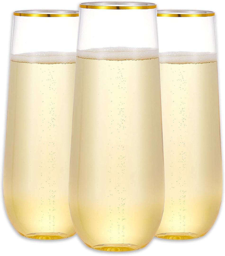 N9R 12PCS Plastic Champagne Flutes, 9 oz Stemless Disposable Gold Rim Toasting Glasses, Crystal Clear Cocktail Cups Drinkware Shatterproof Ideal for Party Wedding Birthday