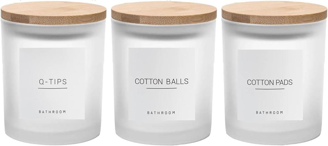 3PCS Modern 13.53oz Transparent Bathroom Canisters with 12 Labels & Wooden Lid Thick Glass Jar Set Qtip Holder for Cotton Ball & Pads Storage Organization Minimalist Decor