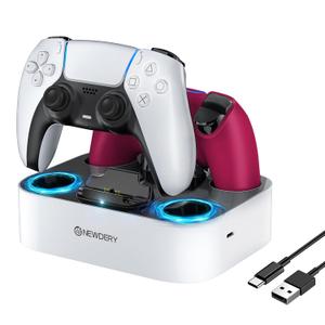 NEWDERY for PS5 Controller Charger Station Compatible with Dualsense Edge, Fast Charging Dock Stand with Cable, Dual Charging Station for PlayStation 5 & DualSense Edge Controller (White)