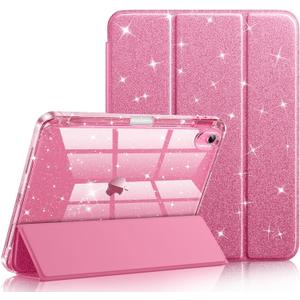 Akkerds for iPad A16 Case 11th Generation 11 Inch 2025 - for iPad 10th Generation Case 10.9 Inch 2022 with Pencil Holder - Slim Trifold Stand Protective Cover with Crystal Clear PC Back - Pink