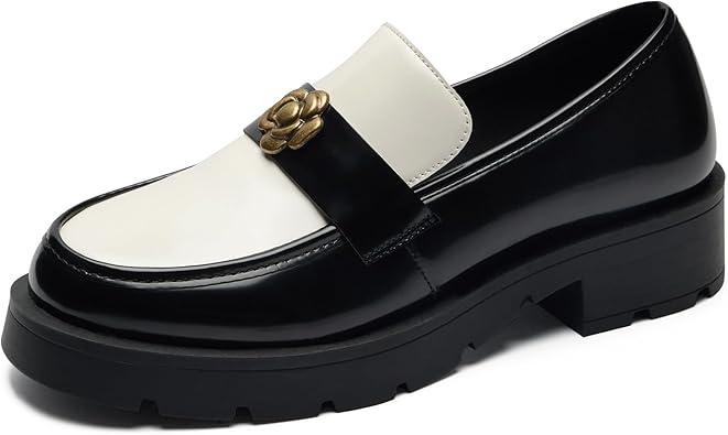 ToroToro Loafers for Women, Black & White Platform Chunky Slip-On for Business & Casual Wear, Comfortable Matte Leather Dress Shoes, 7, Black/White