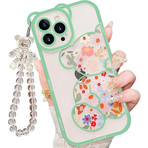 for iPhone 8 Case with Cute Flowers Bear Pattern, Camera Protector, Clear Phone Case and Lovely Strap Bracelet Chain, Compatible for iPhone 8 for Girls Women (Green)