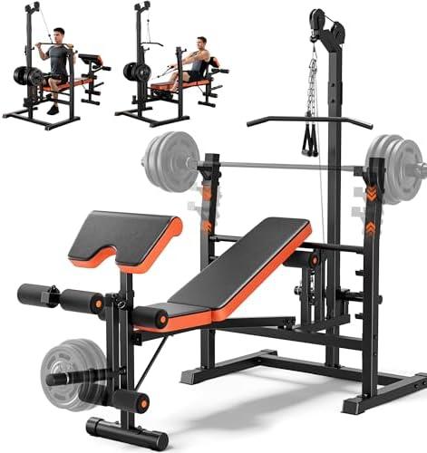 Fostoy Olympic Weight Bench with Lat Pulldown, Squat Rack & Leg Curl | Adjustable,Cable Row, Squat Rack, Leg Developer, Preacher Curl, Multi-Angle Backrest, Full Body Strength Training