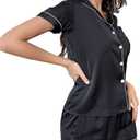 2 x Womens Silk Satin Pajamas Set Short Sleeve Sleepwear Button Down Loungewear 2 Piece Pjs Shorts Set (Black, M)