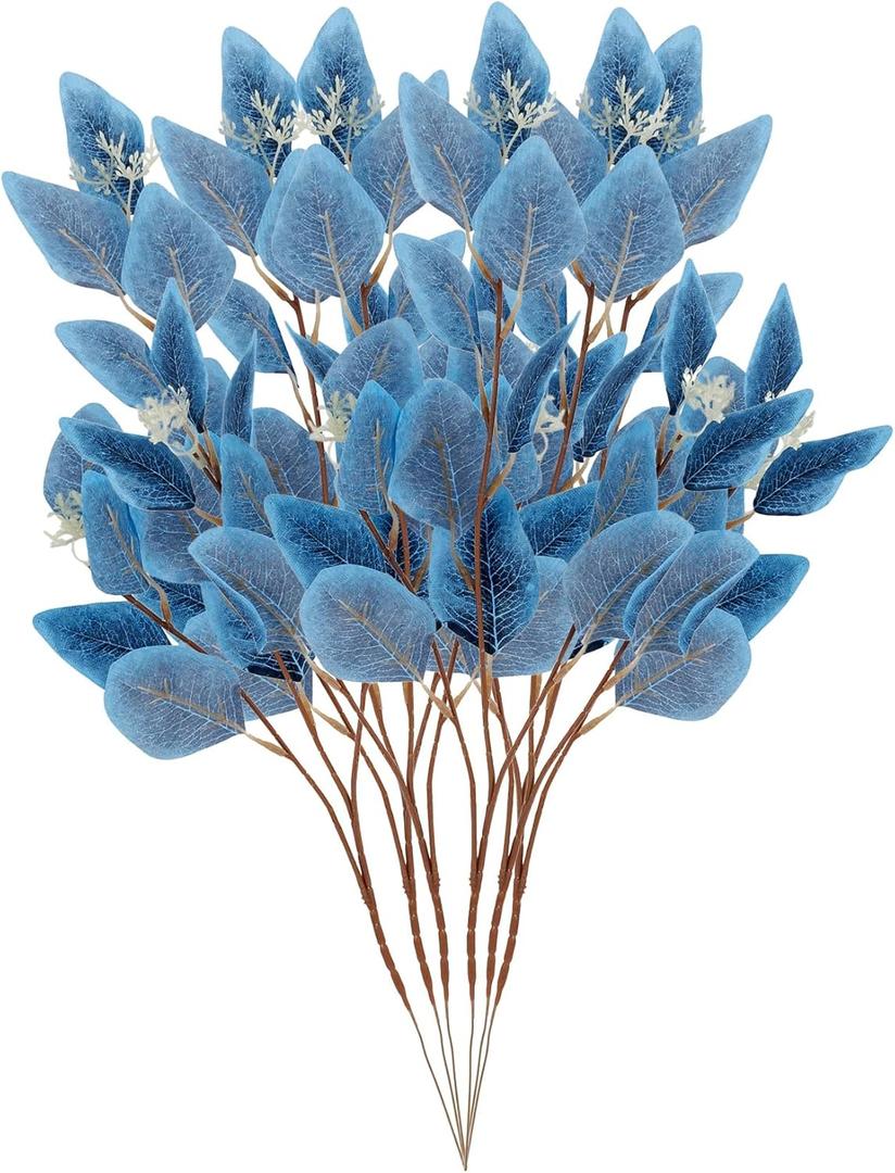 Framendino, 6 Pack Artificial Blue Eucalyptus Stems Leaves Faux Branches Fake Plant for Home Kitchen Indoor Wedding Vase Decor