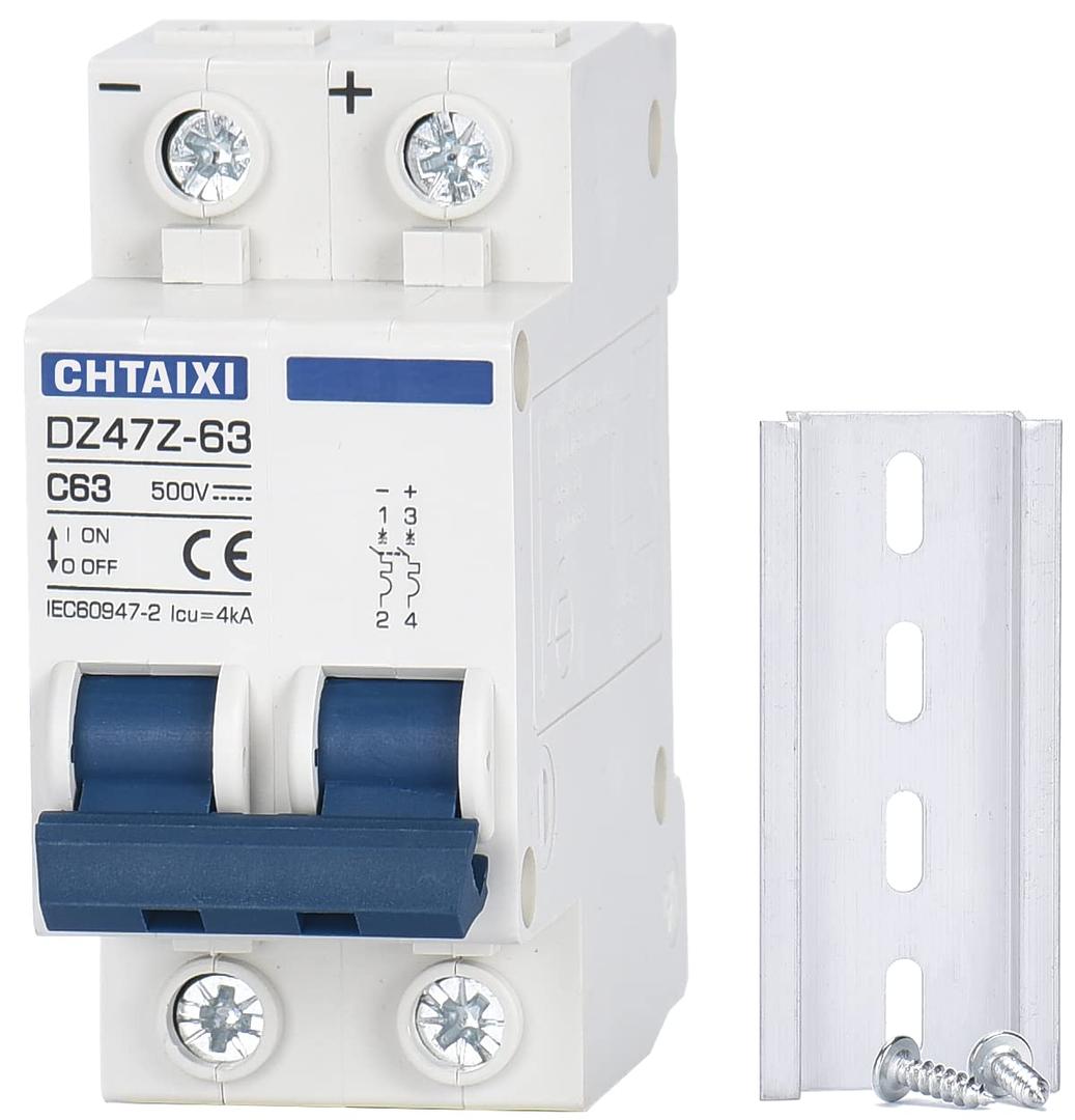 DC Miniature Circuit Breaker, 2 Pole 500V 63 Amp Isolator for Solar PV System, Thermal Magnetic Trip, DIN Rail Mount, Chtaixi DC Disconnect Switch C63