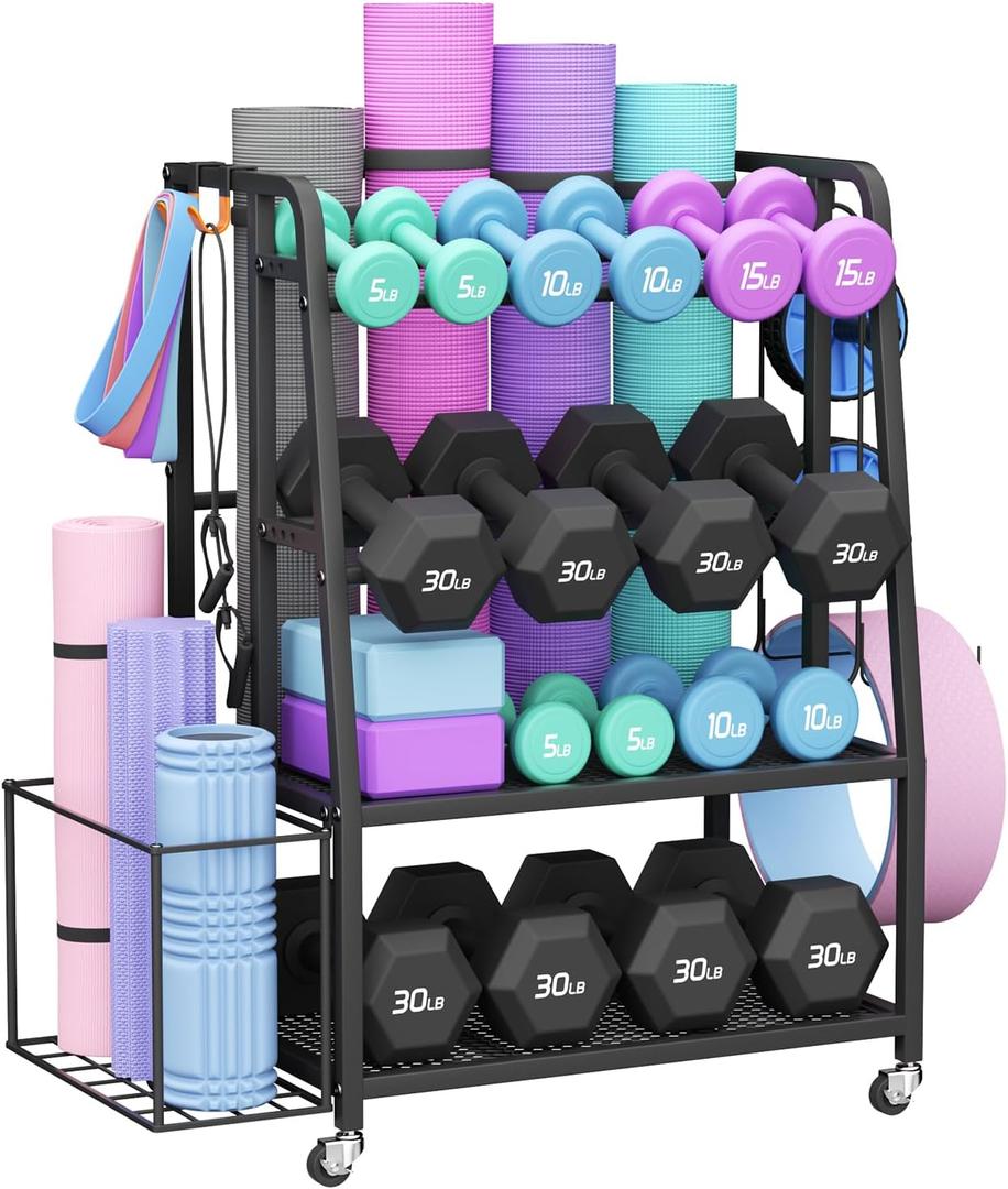 VOPEAK Dumbbell Rack for Home Gym, Adjustable Weight Rack Stand with Wheels, Heavy Duty Steel Storage Organizer for Dumbbells Kettlebells Yoga Mat, with Locking Casters & Side Hooks