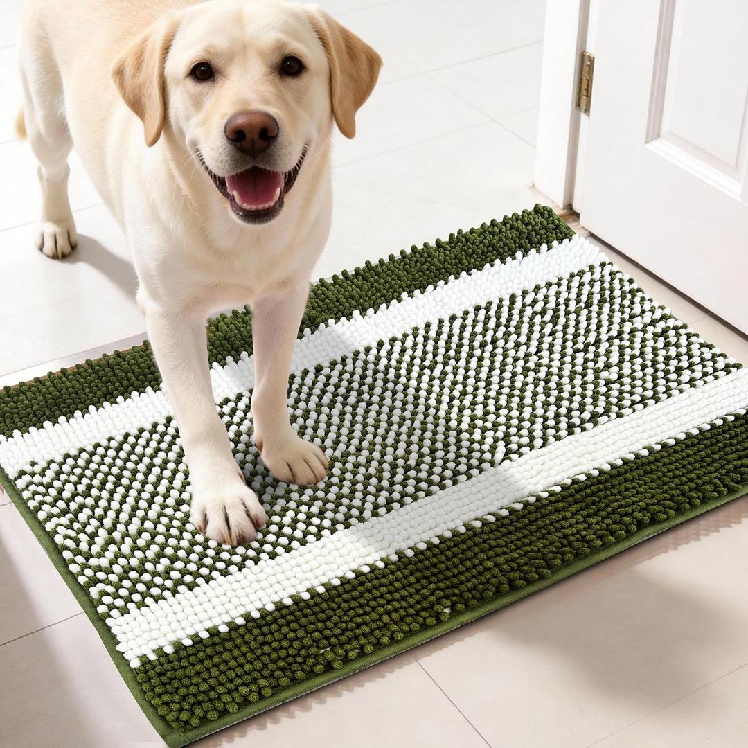 pobopobo Dog Door Mat for Muddy Paws - Absorbent & Washable Chenille Rug, Non-Slip Dirt Trapper for Indoor Outdoor Entryway, Quick Dry Pet Mat for Muddy Dogs (Green&White, 36" x 24")