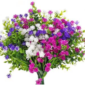 WILLBOND 12 Bundles Artificial Flowers Outdoor, UV Resistant Faux Artificial Plants Shrubs Plastic Flower Bulk for Hanging Planter Porch Window Home Spring Summer Decor(Fuchsia, White, Purple)
