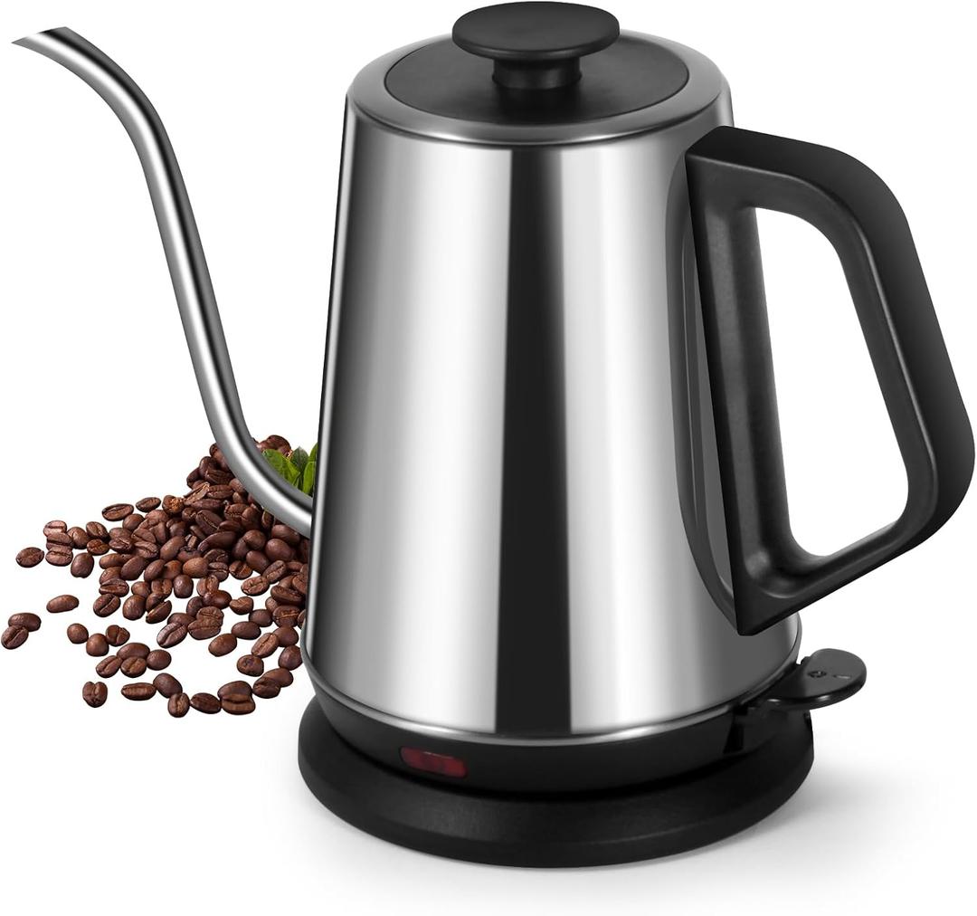 1L Electric Gooseneck Kettle, Tea Kettle for Boiling Water, Gooseneck Electric Kettle for Coffee & Tea, Fast Boiling for Pour Over, Auto Shut-Off, Boil-Dry Protection, 360 Rotational Base - Silver