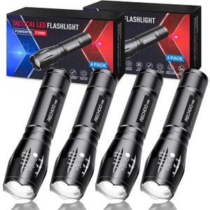 RECHOO Tactical Flashlight 4 Pack, Bright Zoomable LED Flashlight with High Lumens and 5 Modes, Waterproof Portable Pocket Flash Light for Emergency, Camping, and Outdoor Use - S1500