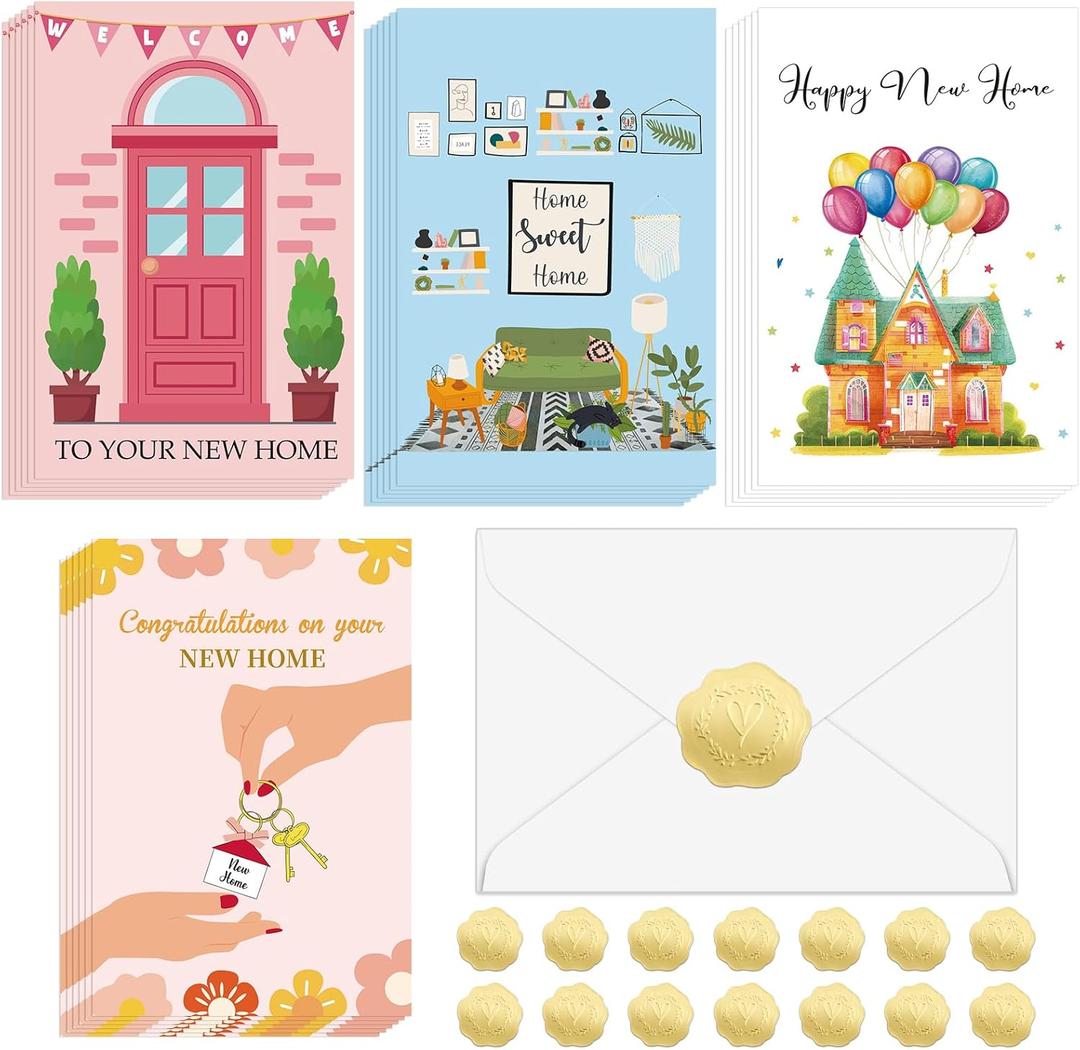 NEWEST Housewarming Greeting Cards Set  24 Cards, 4 Unique Designs with Envelopes & Stickers, Blank Inside for Personalized Messages, New Home Gift for Friends & Family