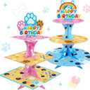 3-Tier Cartoon Blue Dog Cupcake Stand, 2 Sets Cardboard Cake Stands, Dessert Tower Holder, Cartoon-Themed Birthday Decoration, Baby Shower Party Supplies