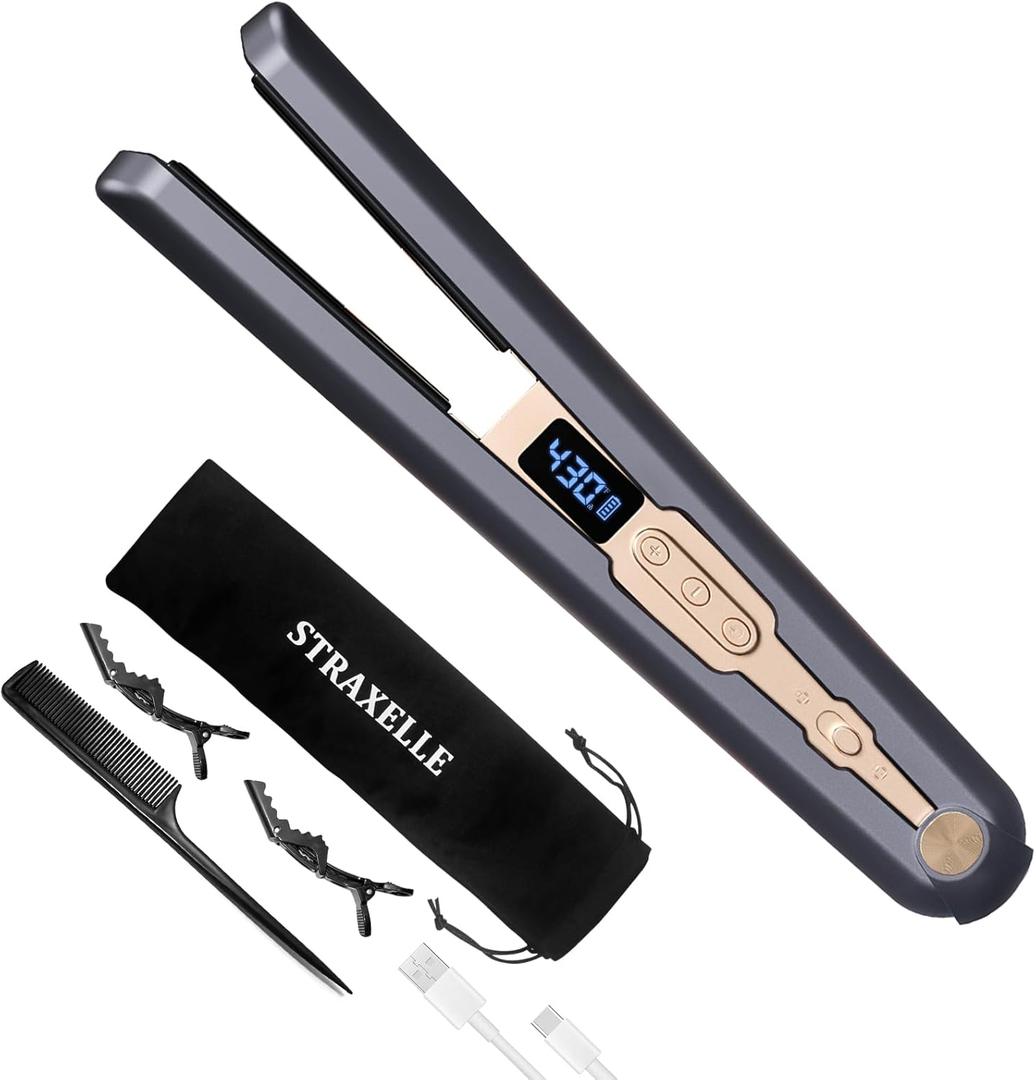 Cordless Hair Straightener, 10000mAh Rechargeable Flat Iron Portable Travel Straightener with Negative Ion, LED Screen & 3D Floating Plates, 2 in 1 Straightener and Curler (Dark blue + Gold)