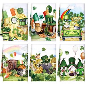 Honoson 6 Pcs St Patrick's Day Kitchen Towels St. Patrick's Day Dish Towels Shamrocks Gnomes Plaid Absorbent Bathroom Set Tea Cloth for Kitchen Home 16 x 24 Inches(Bright Color,Gnome)