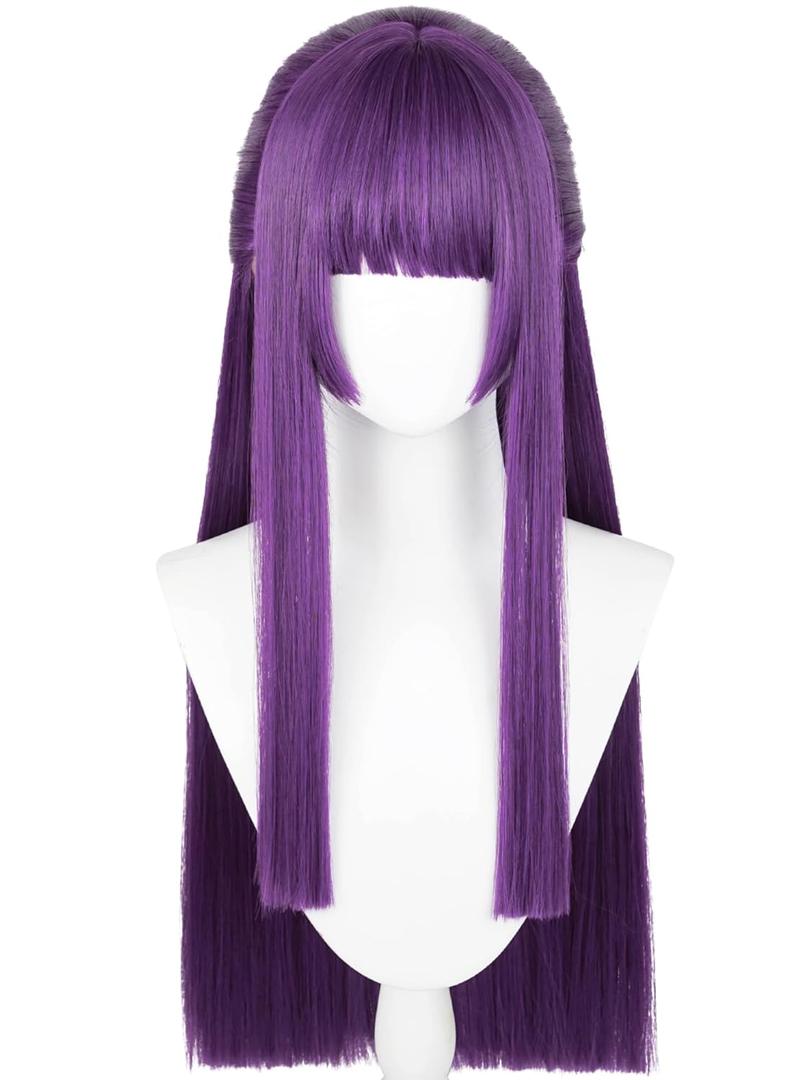 Fer-n Cosplay Wig 29'' Long Straight Anime Purple Wig with Bangs Dark Purple Synthetic Hair for Women Halloween Costume Party