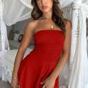 GOKATOSAU Women's Strapless Tube Ruched Waist Cute A Line Flowy Ruffle Hem Mini Dress Red, (Red, M)