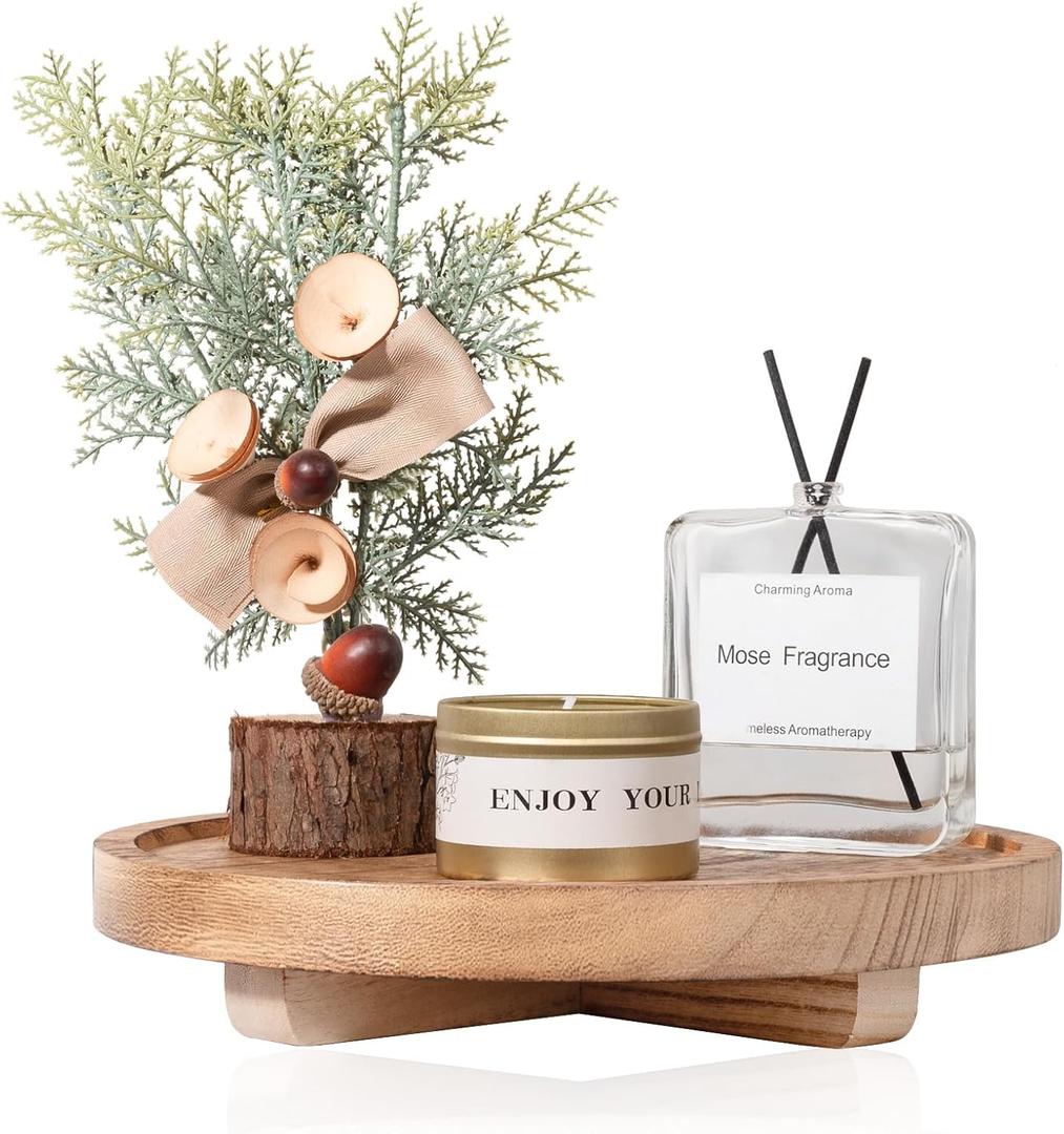 Round Decorative Tray Wood Bathroom Counter Organizer Farmhouse Kitchen Decor Wooden Riser for Soap Dish, Perfume, Candle, Sponge, 9" - Brown