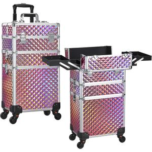 FRENESSA 3 in 1 Rolling Makeup Train Case Portable Cosmetic Trolley Large Storage for Professional with 360 Swivel Wheels Salon Barber Case Traveling Cart Trunk - Glitter Pink