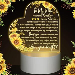 Jetec Mothers Day Birthday Gifts from Daughter Son Christmas Thank You Gift for Mom Sunflower Engraved Acrylic Heart Lamps USB Low Power Night Light Table Decor(to My Mom)