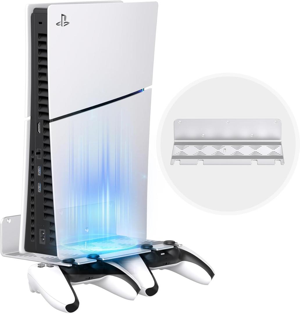 Wall Mount Compatible with PS5 Slim/PS5 Pro/PS5 Console & Controllers, Aluminium Wall Mount Kit for All PS5 Models, Wall Stand for PS5 Original, Saving Space Enhance Heat Dissipation, Silver