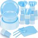 TWOWYHI 228PCS Light Blue Party Supplies Set Include Paper Plates Cups Paper Napkins Plastic Spoons Forks Knives for 30 Guests Disposable Party Dinnerware for Birthday Wedding Family Picnic