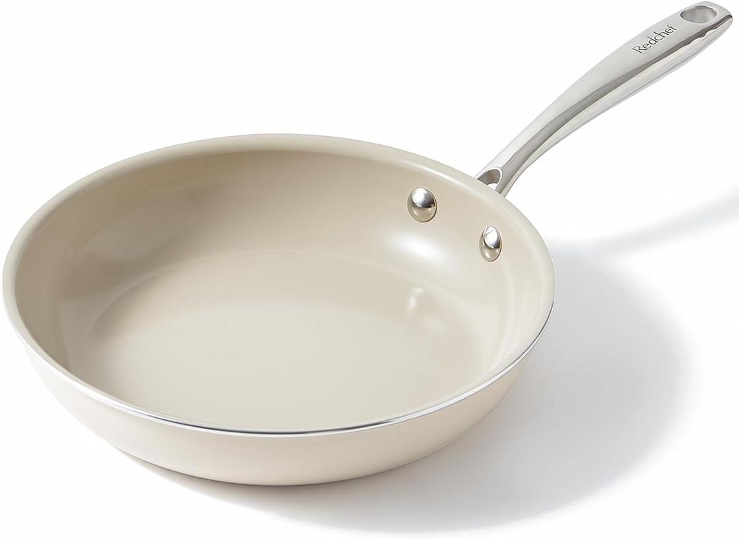 Redchef Nonstick Frying Pan Skillet, Ceramic Non-Stick Saute Pans, 9.5 inch Cooking Fry Pan with Stay Cool Handle, All Stovetops (Gas, Electric & Induction), Dishwasher/Oven Safe, PFAS-Free, Non Toxic (Beige White)