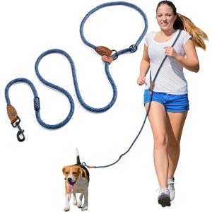 Mile High Life Hands Free Dog Leash, Crossbody Waist Leash with Genuine Leather Connection, Multifunctional Adjustable Slip Lead for Dog Walking Running (Blue, 7FT)