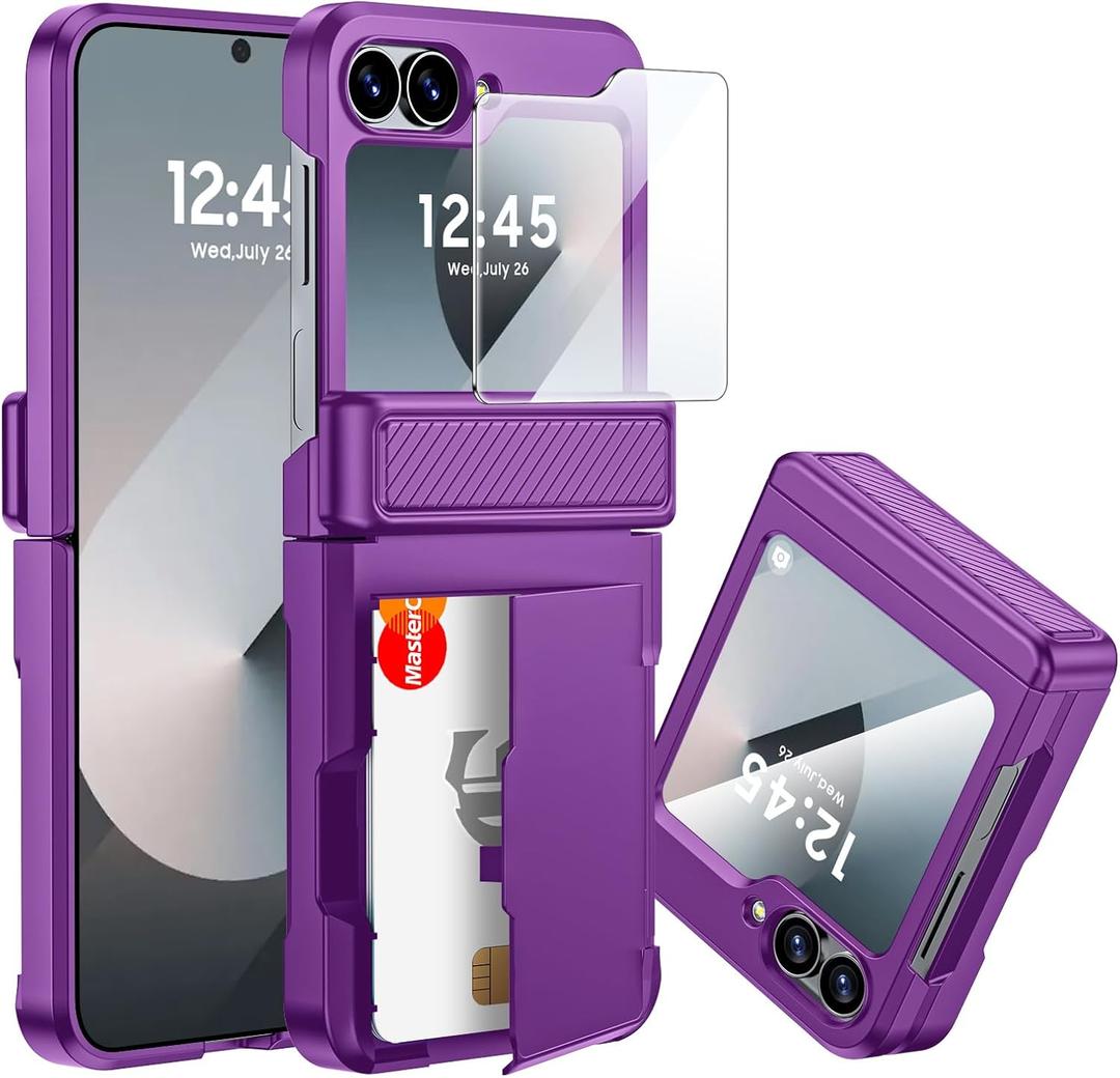 CENMASO for Samsung Galaxy Z Flip 6 Case/Z Flip 7 FE Case with Card Holder [RFID Blocking] & Hinge Protection & Screen Protector, Full-Body Shockproof Phone Case for Z Flip 6/Z Flip 7 FE-Purple