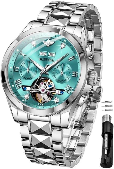 OUPINKE Watches for Men Automatic Skeleton Self Winding Dress Wrist WatchBusiness Waterproof Luminous Tungsten (Blue-DFN)